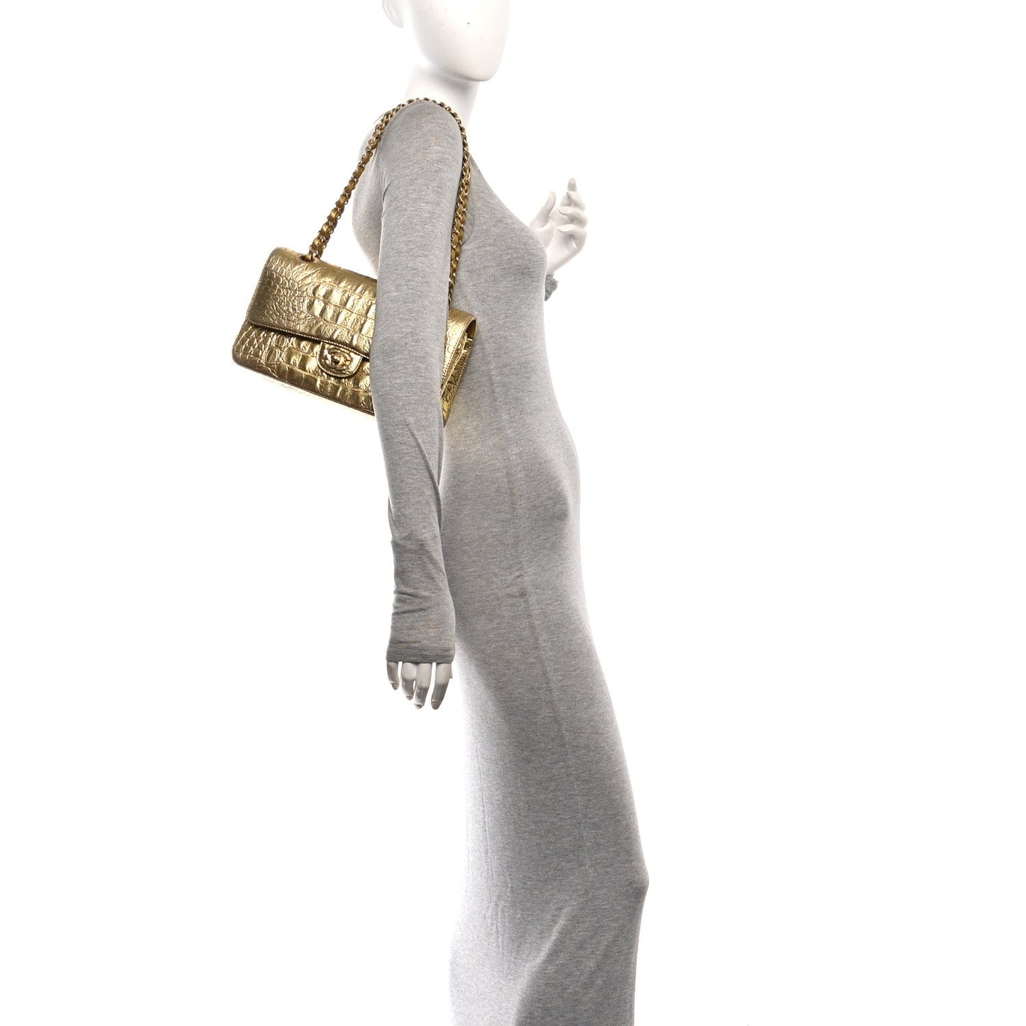 Metallic Calfskin Crocodile Embossed Cocodile Medium Double Flap Gold