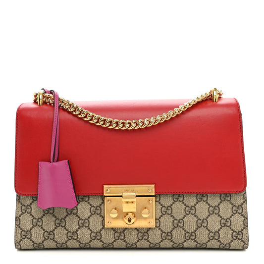 GG Supreme Monogram Calfskin Medium Padlock Shoulder Bag Beige Hibiscus Red New Rosette