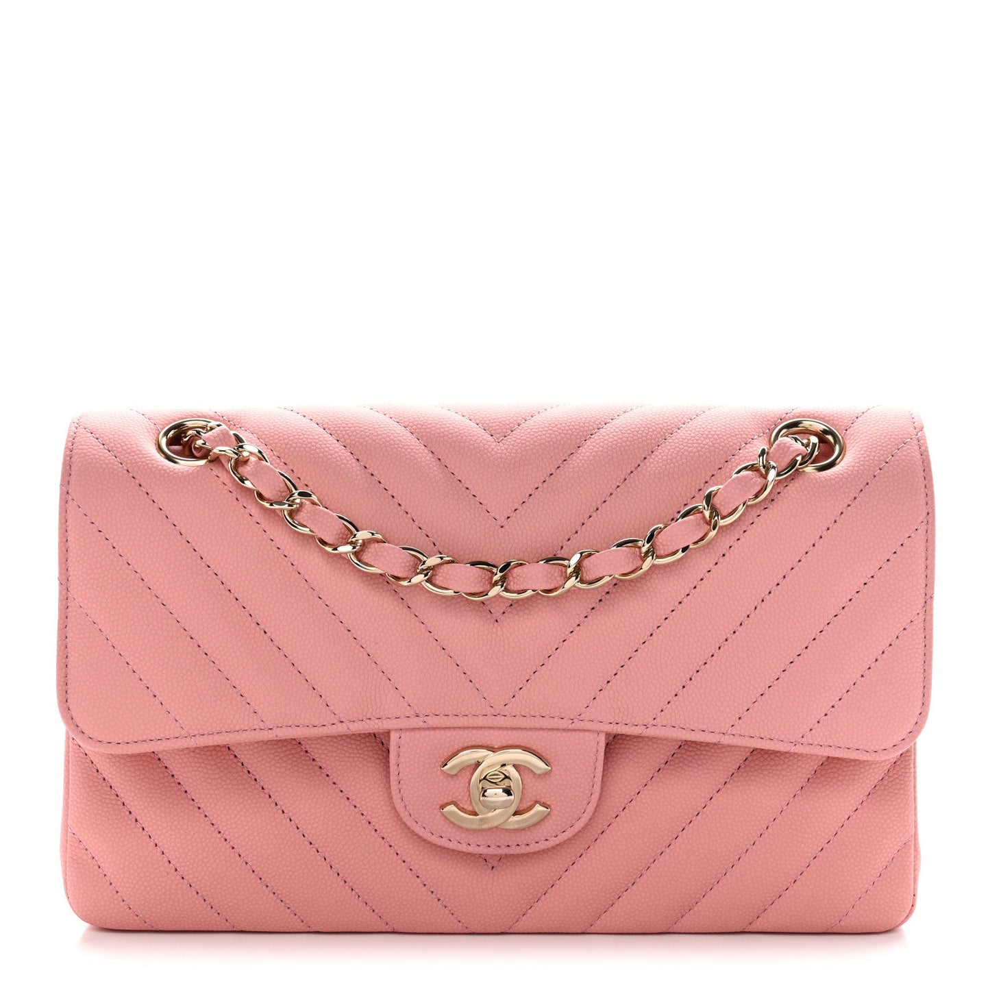 Caviar Chevron Quilted Small Double Flap Pink