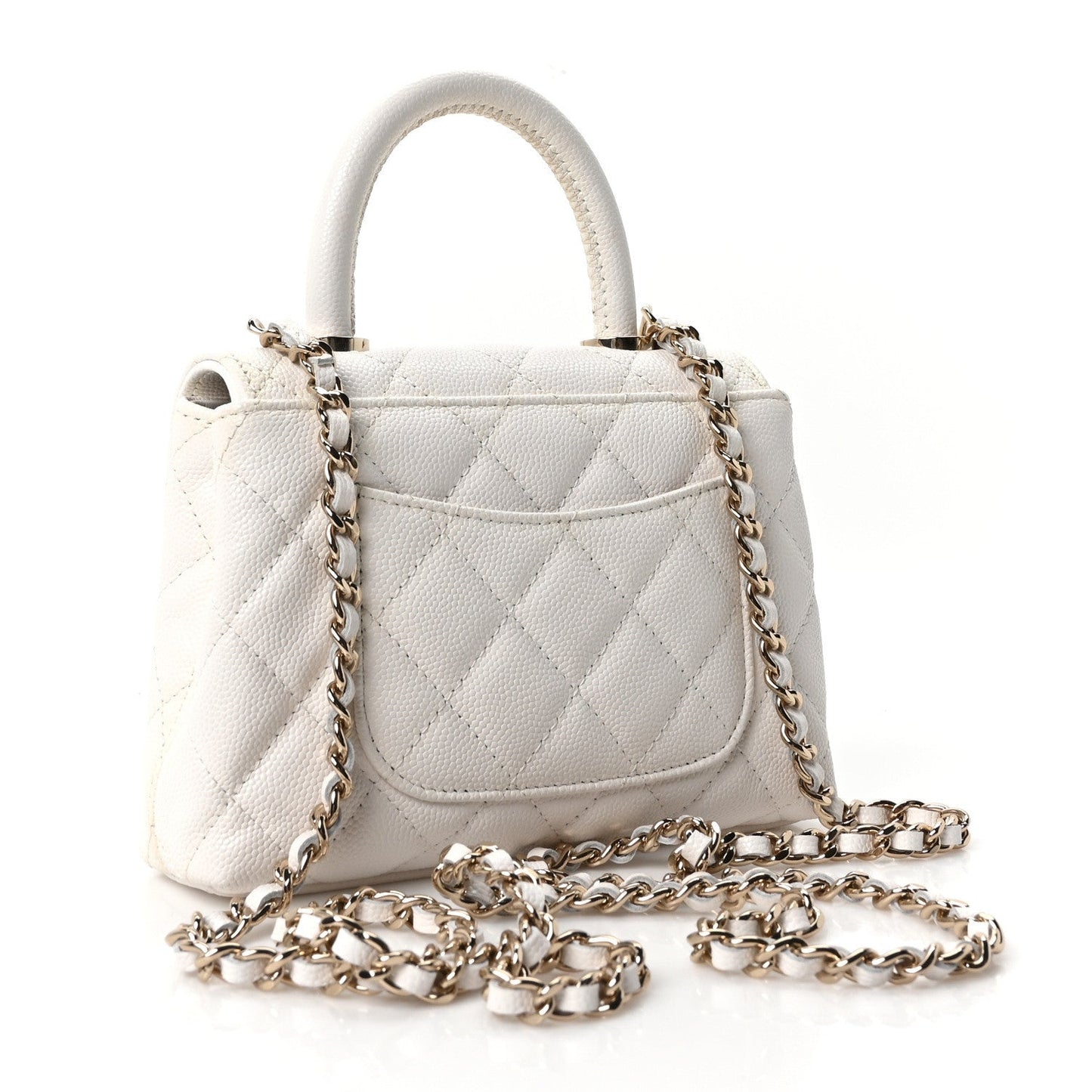 Caviar Quilted Coco Handle Clutch With Chain White