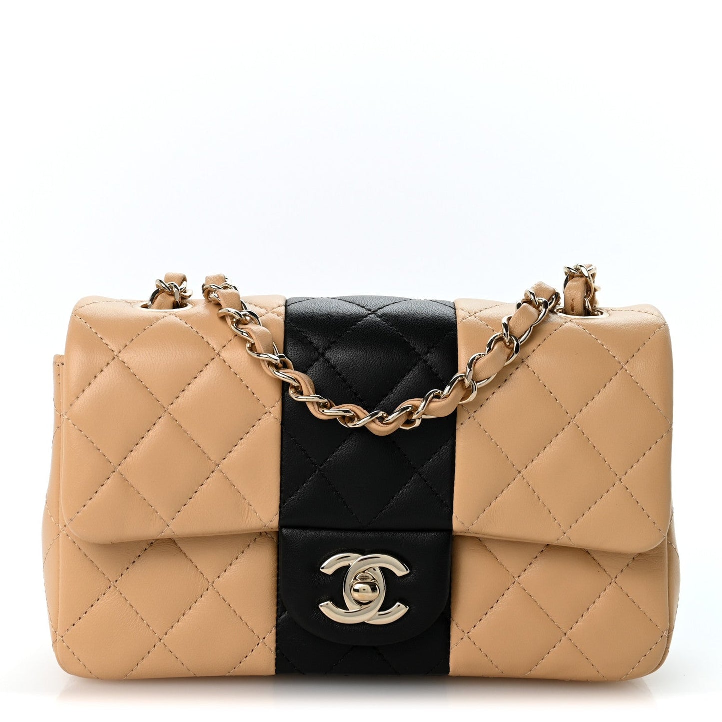 Lambskin Quilted Mini Rectangular Flap Beige Black