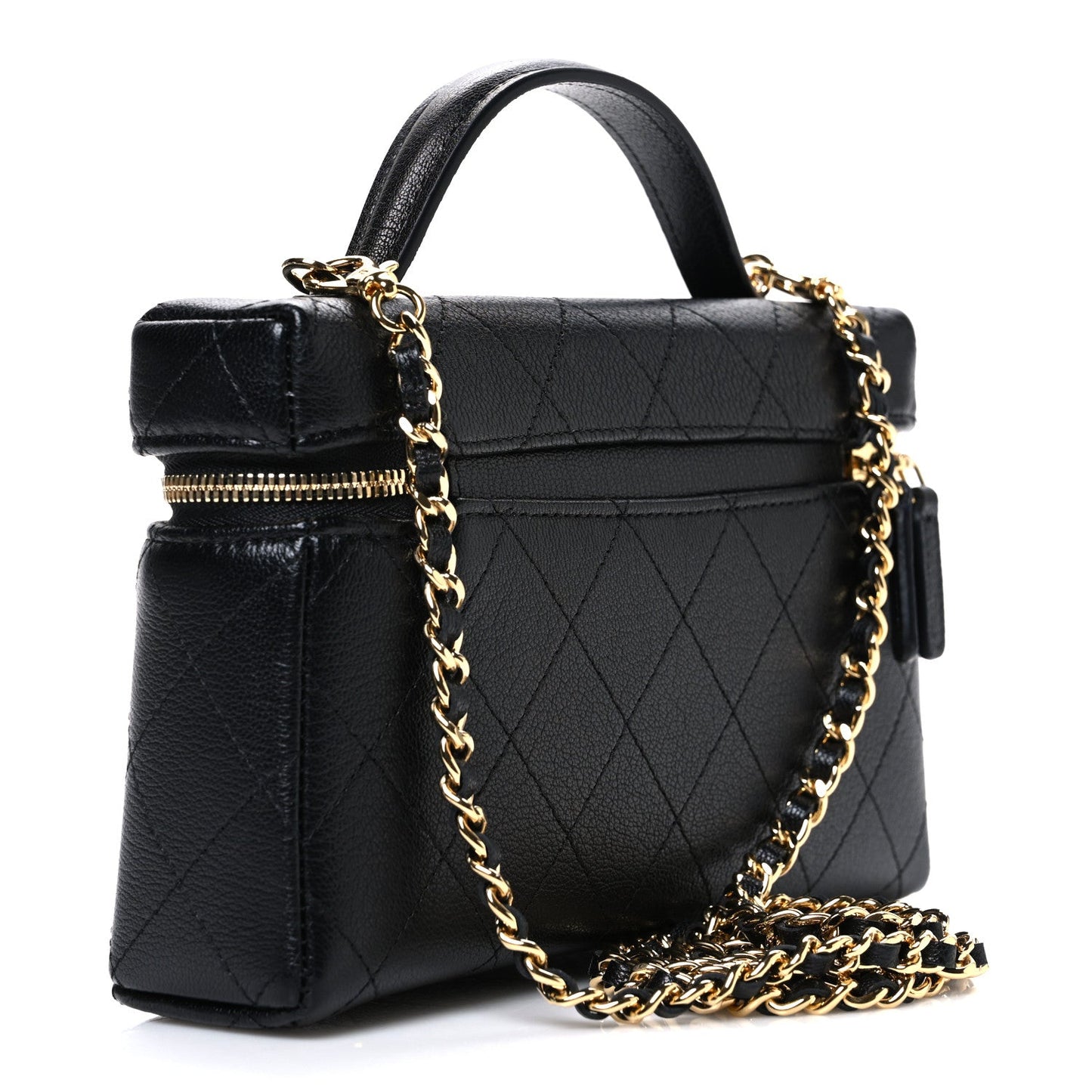 Goatskin Stitched Top Handle Slim Vanity With Chain Black