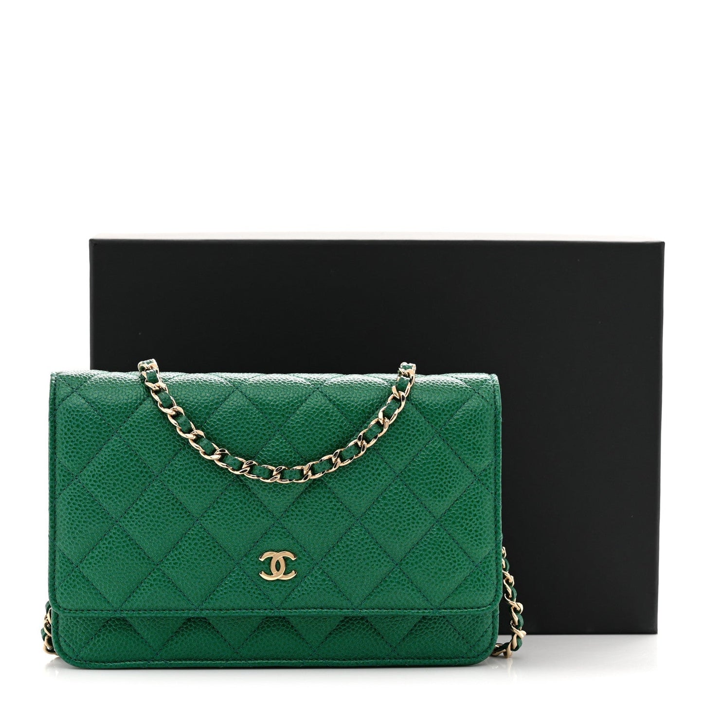 Metallic Caviar Quilted Wallet On Chain WOC Green