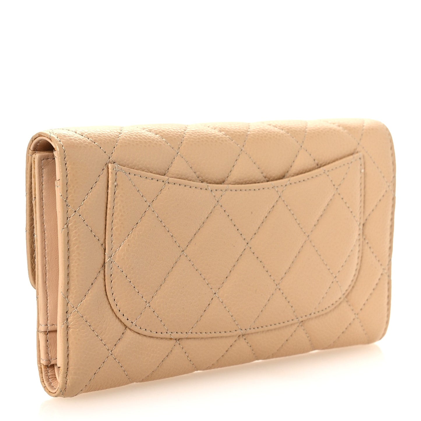 Caviar Quilted Large Gusset Flap Wallet Beige