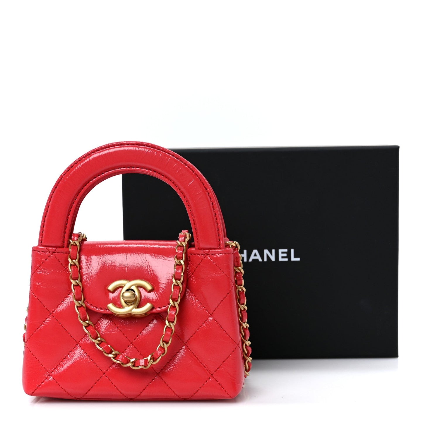 Shiny Aged Calfskin Quilted Mini Nano Kelly Shopper Red