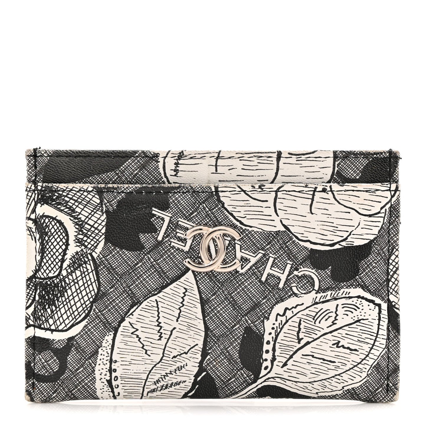 Coated Canvas Lambskin Quilted Camellia Card Holder Black White