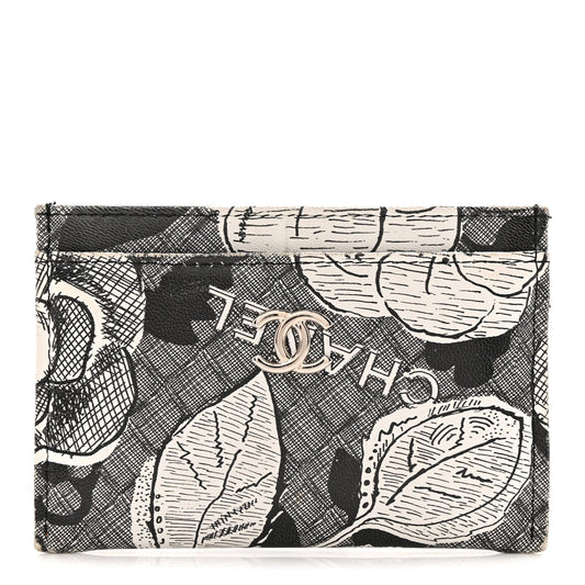 Coated Canvas Lambskin Quilted Camellia Card Holder Black White