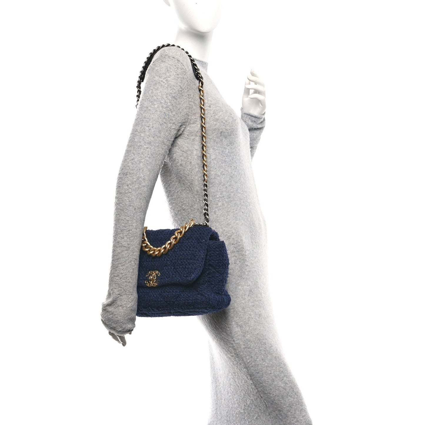 Tweed Quilted Large Chanel 19 Flap Navy Blue