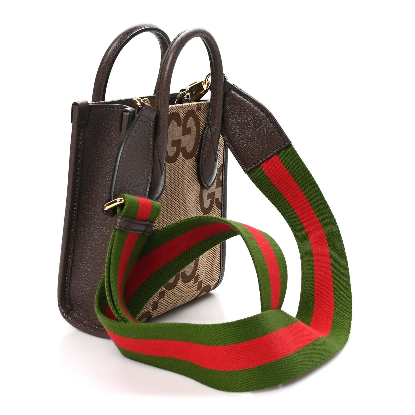 Monogram Jumbo GG Textured Dollar Calfskin Web Mini Vertical Tote Camel Ebony New Acero