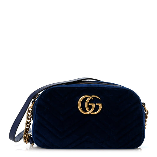 Velvet Matelasse Small GG Marmont Chain Shoulder Bag Cobalt
