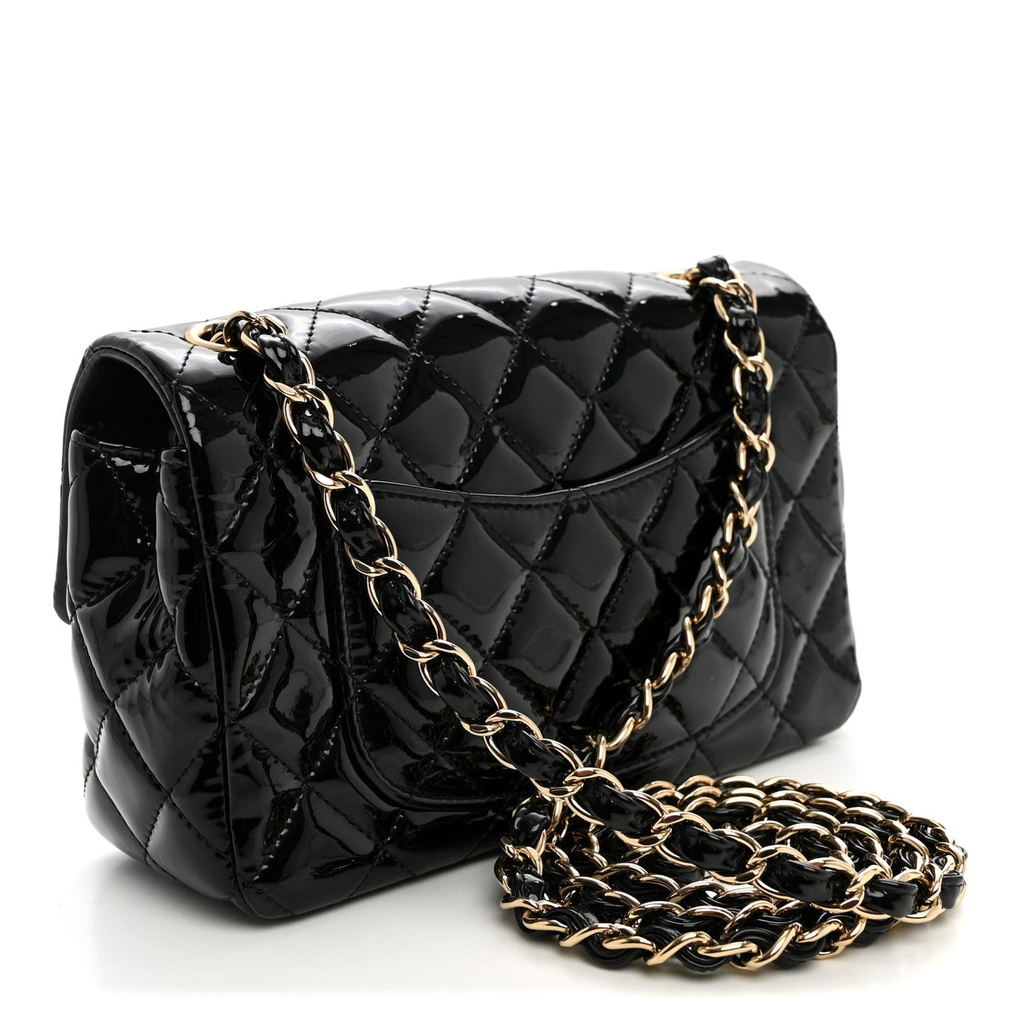 Patent Calfskin Quilted Mini Rectangular Flap Black
