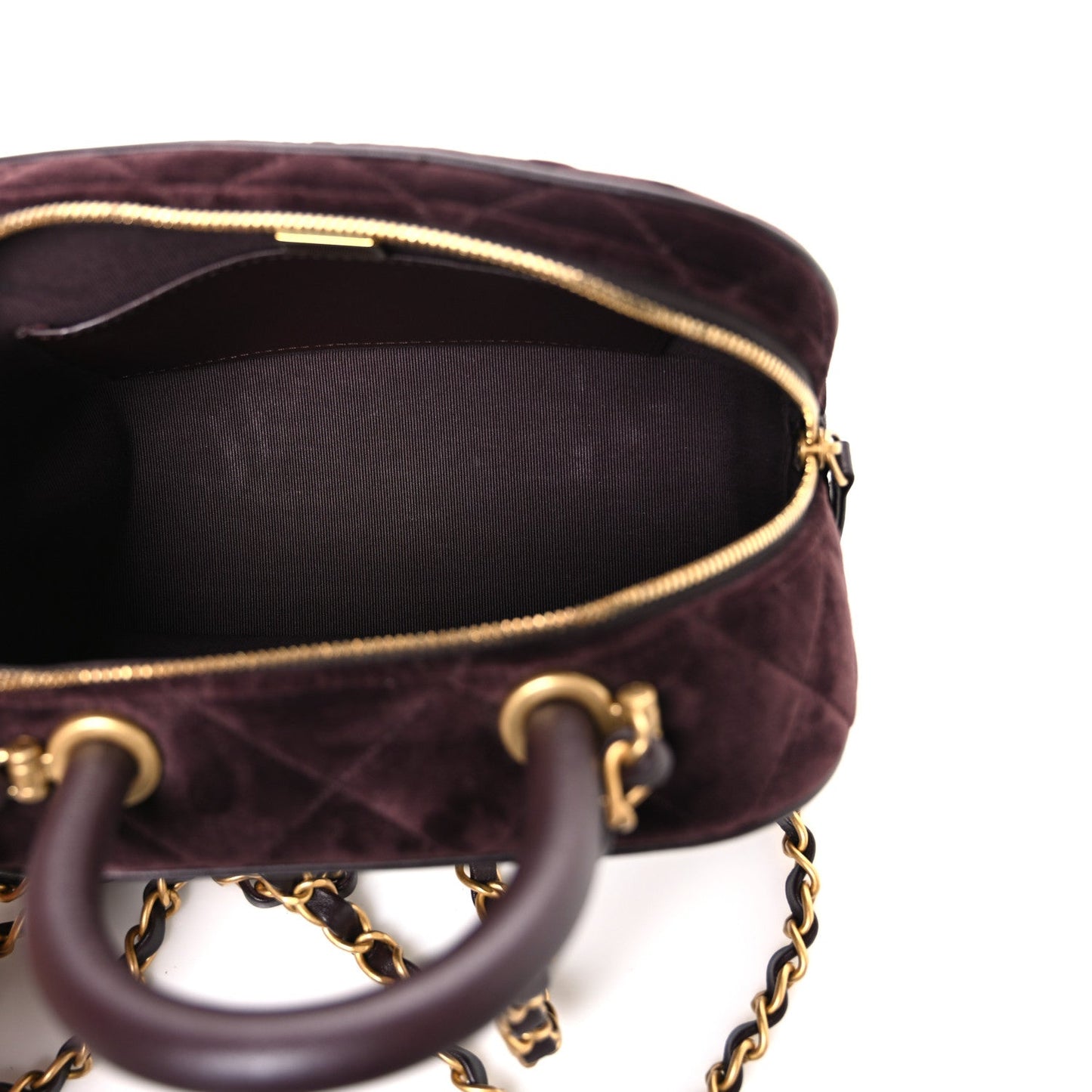 Velvet Quilted Top Handle Mini Bowling Bag Dark Brown