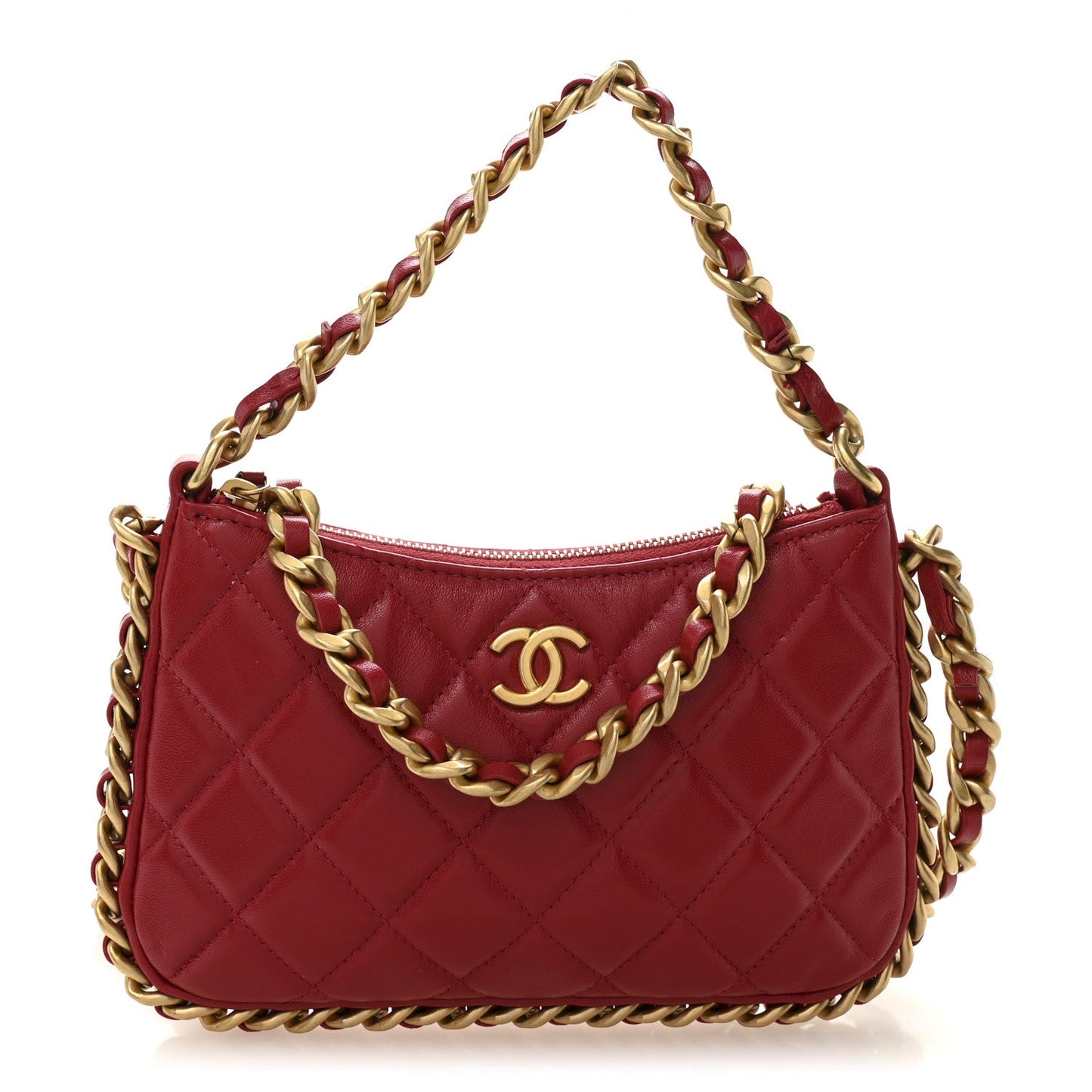 Shiny Lambskin Quilted Trendy Chain Around Hobo Red