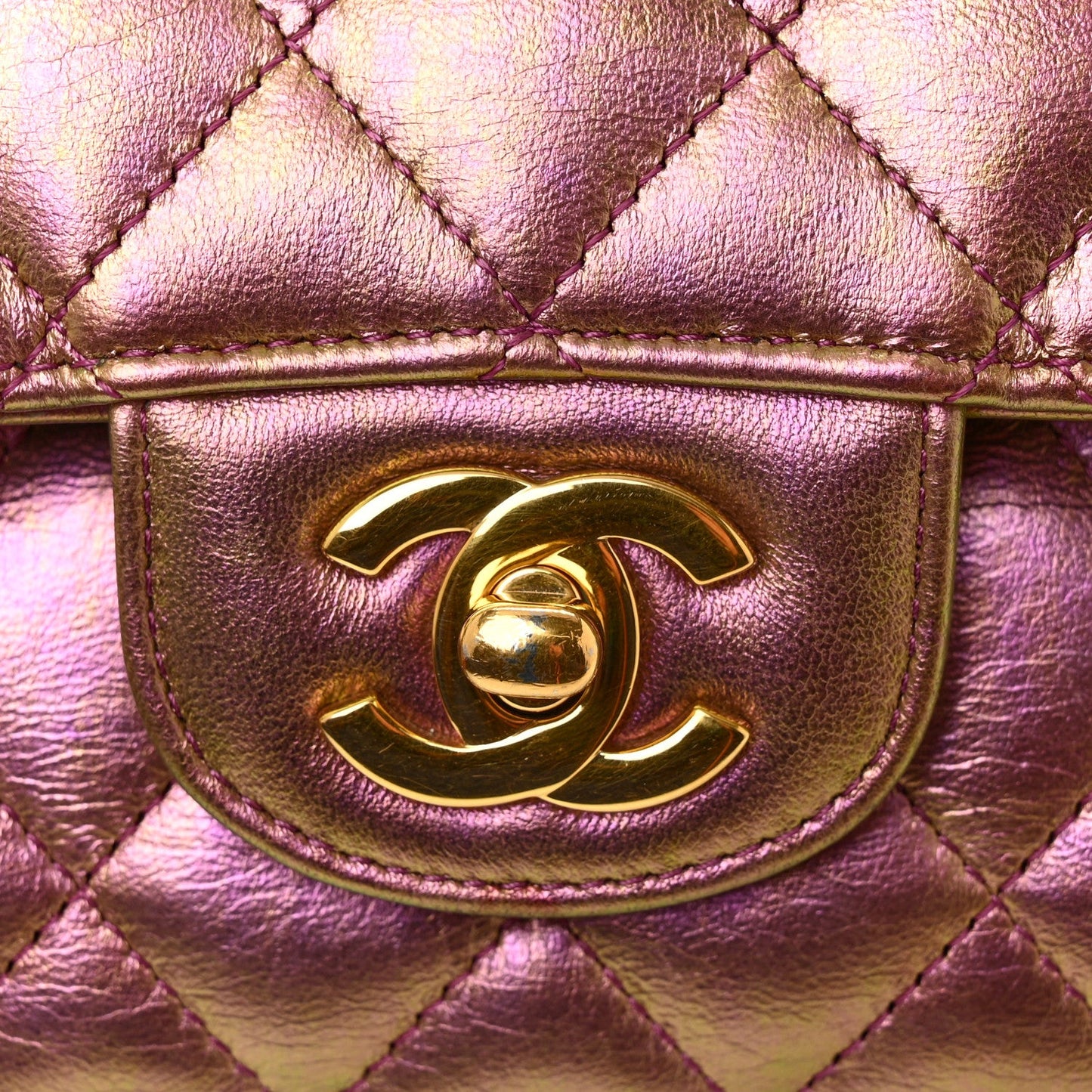 Iridescent Lambskin Quilted Medium Double Flap Purple