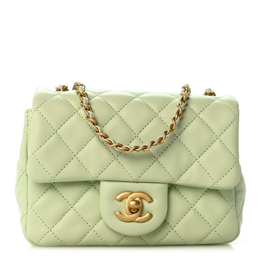 Lambskin Quilted Mini Pearl Crush Flap Light Green