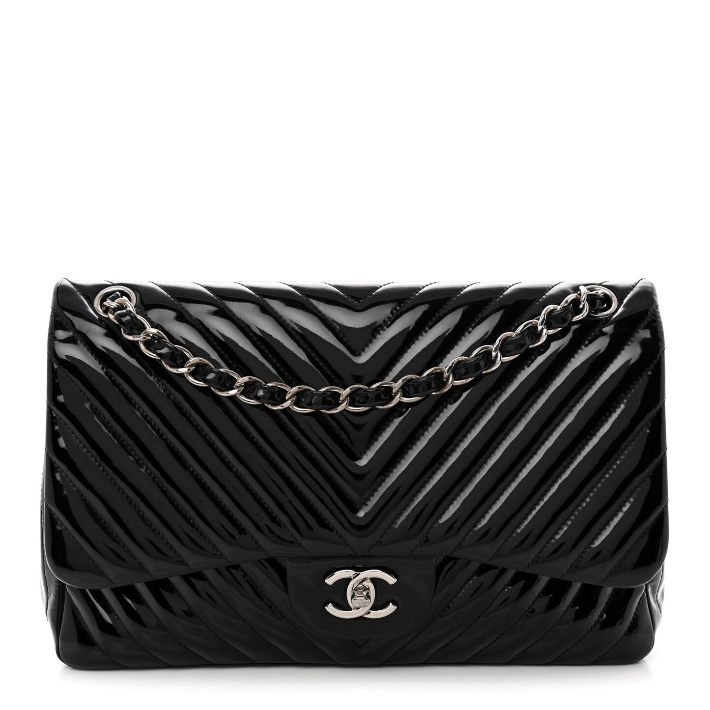 Patent Chevron Quilted Jumbo Double Flap Black