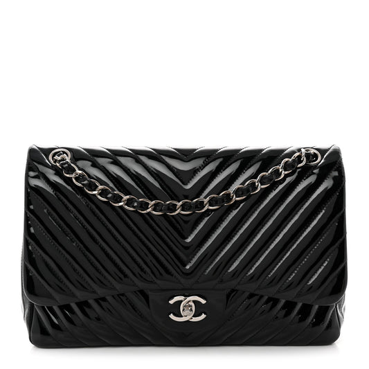 Patent Chevron Quilted Jumbo Double Flap Black