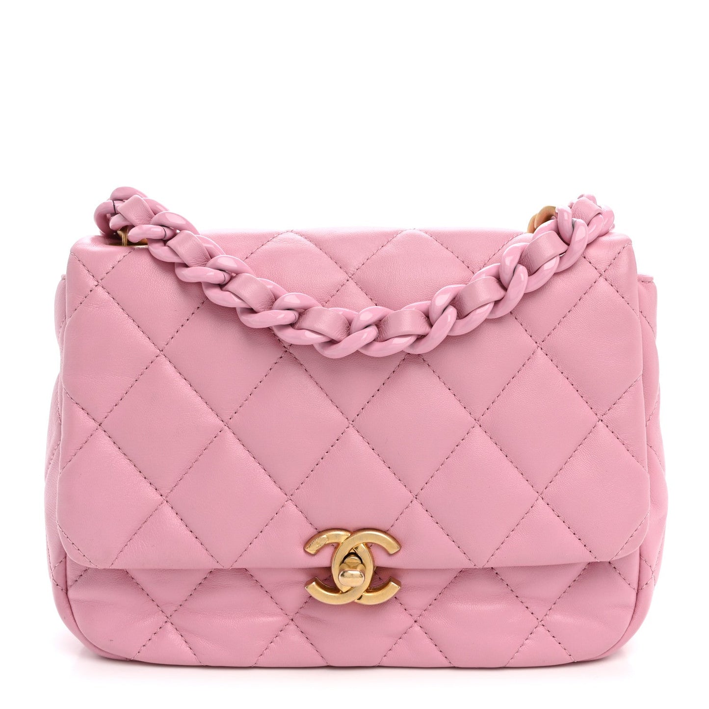 Lambskin Quilted Small Lacquered Chain Flap Pink