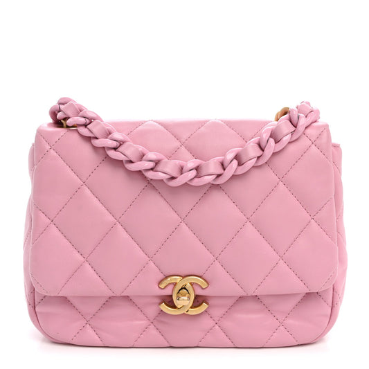 Lambskin Quilted Small Lacquered Chain Flap Pink