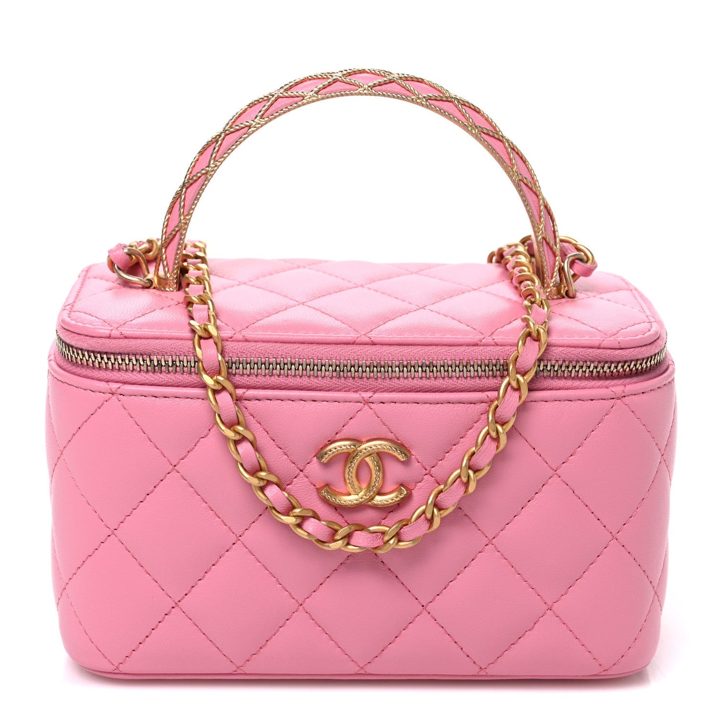 Lambskin Quilted Metal Twist Small Top Handle Vanity Case With Chain Pink