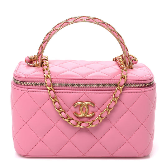 Lambskin Quilted Metal Twist Small Top Handle Vanity Case With Chain Pink