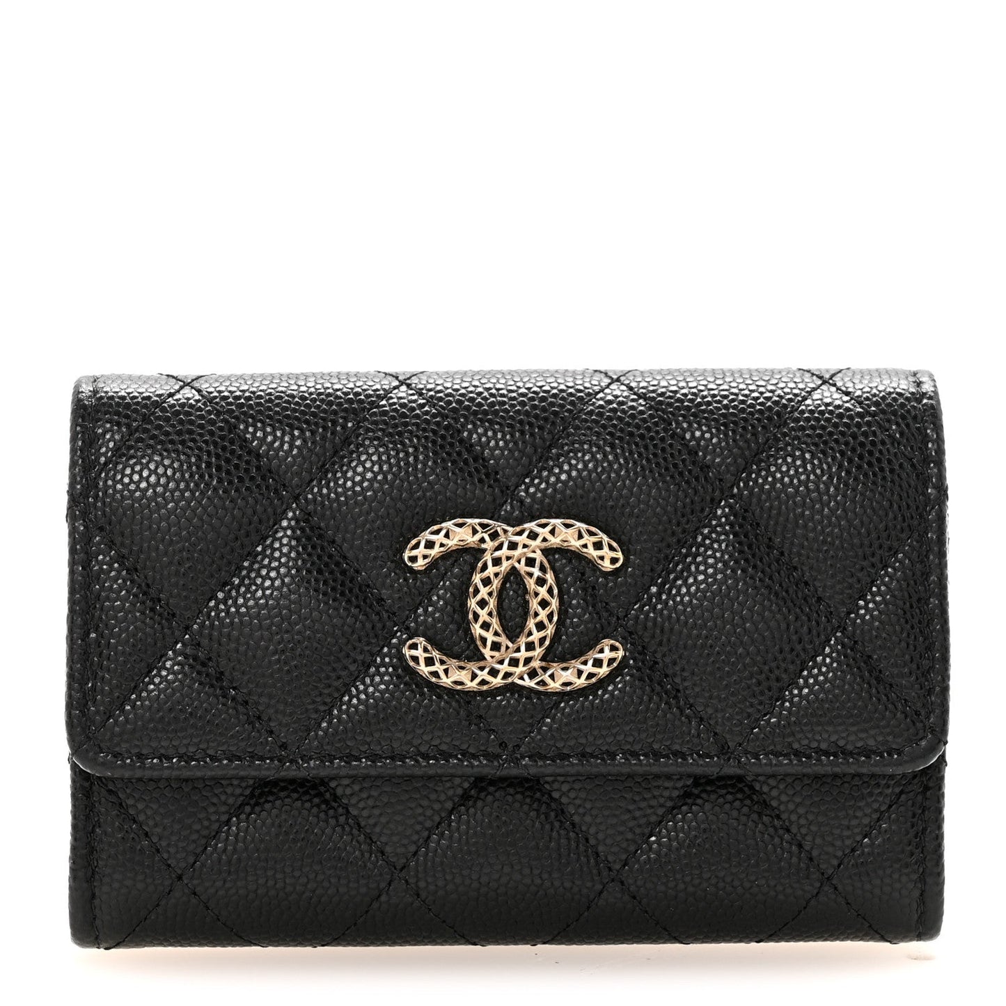 Caviar Metal Perforated Quilted CC Flap Card Holder Black