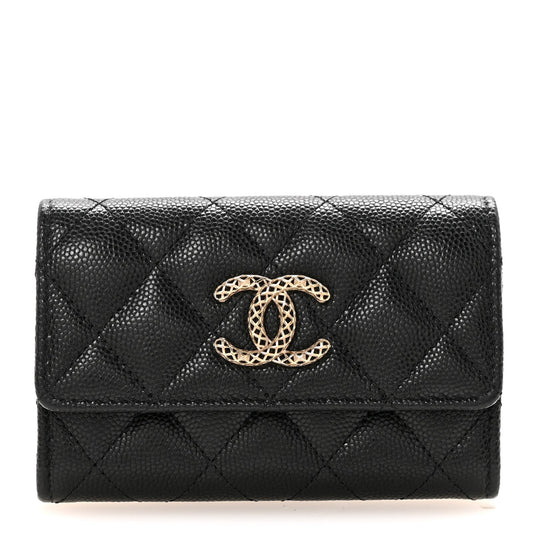 Caviar Metal Perforated Quilted CC Flap Card Holder Black