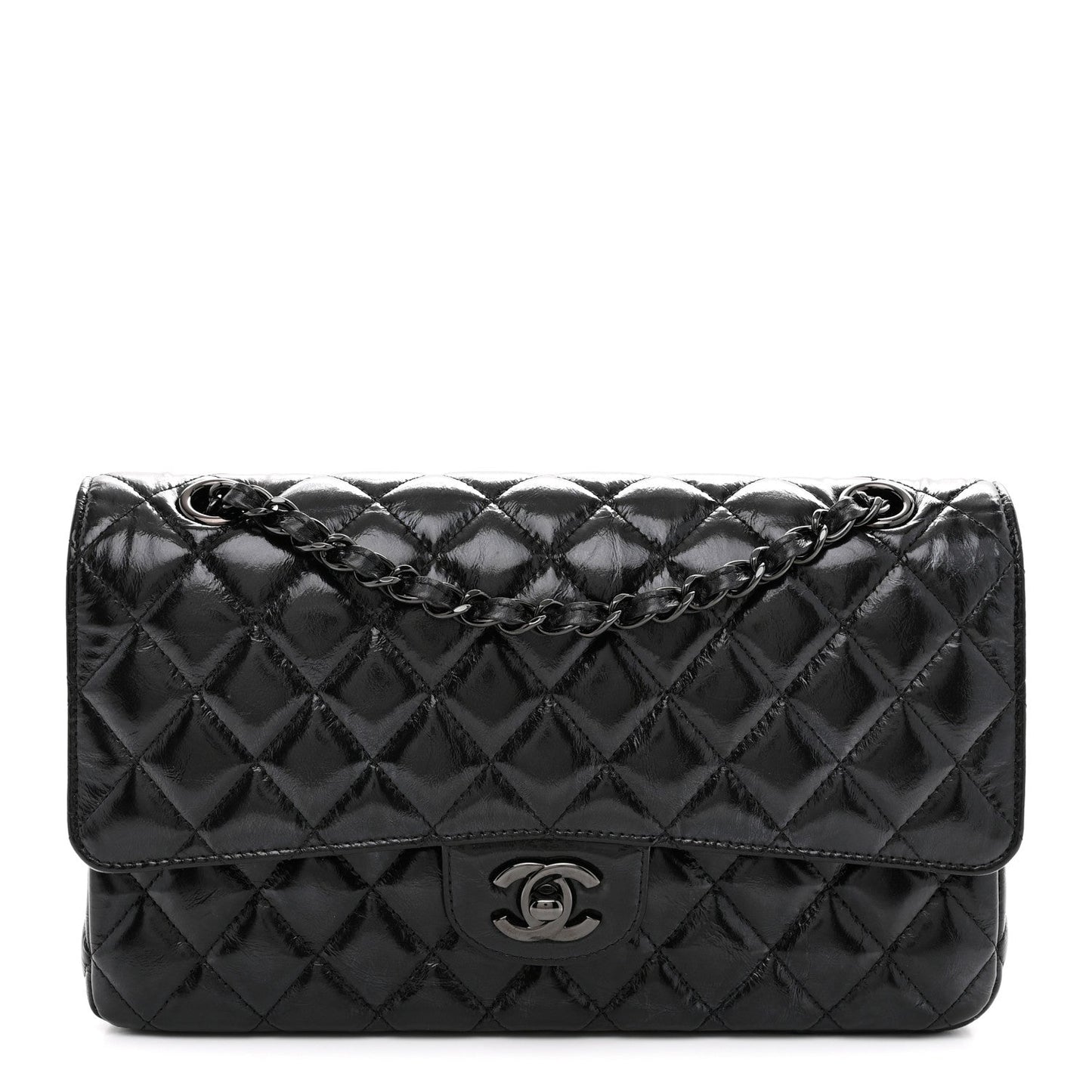 Shiny Crumpled Calfskin Quilted Medium Double Flap So Black