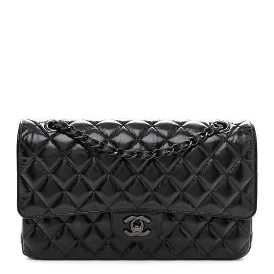 Shiny Crumpled Calfskin Quilted Medium Double Flap So Black