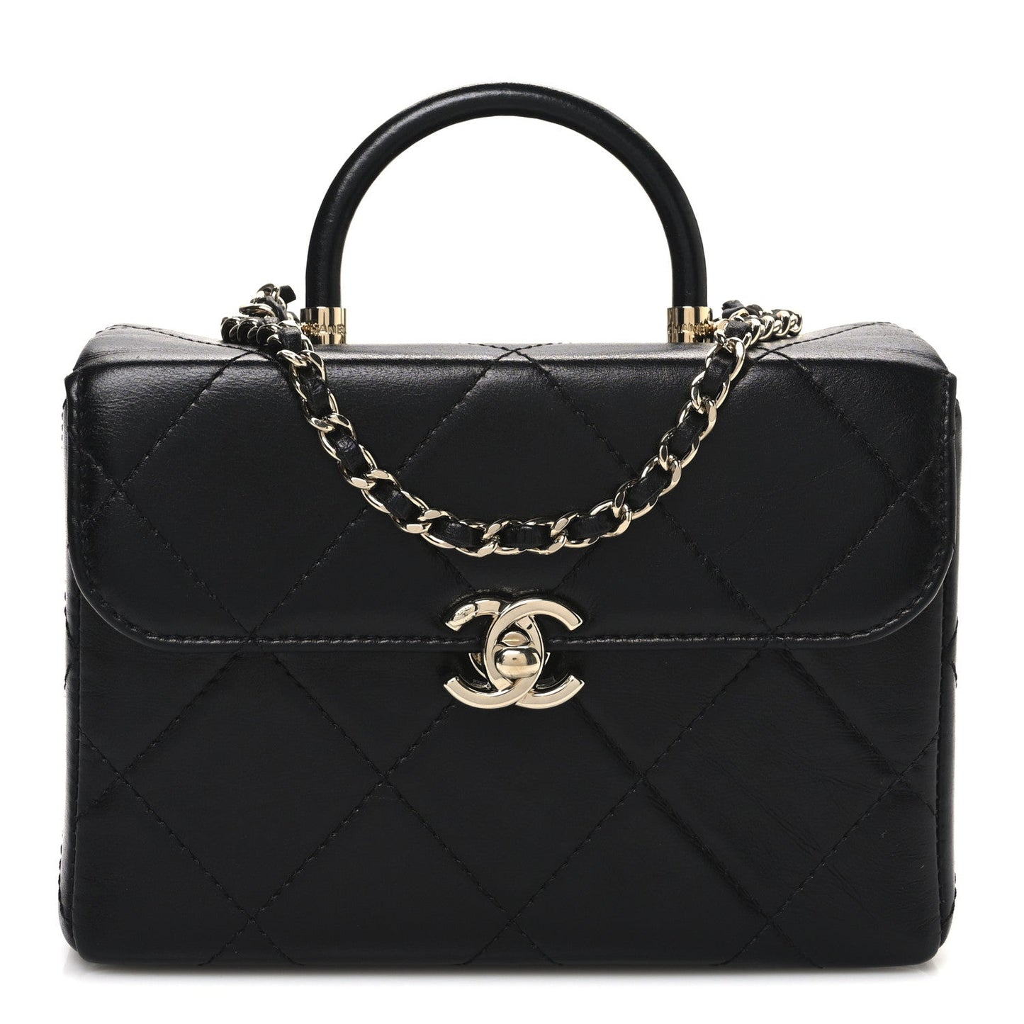 Shiny Calfskin Quilted CC Handle Vanity Flap Bag Black