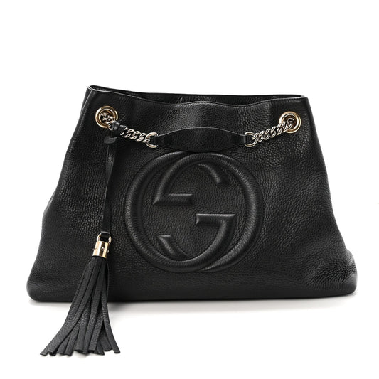 Pebbled Calfskin Medium Soho Chain Shoulder Bag Black