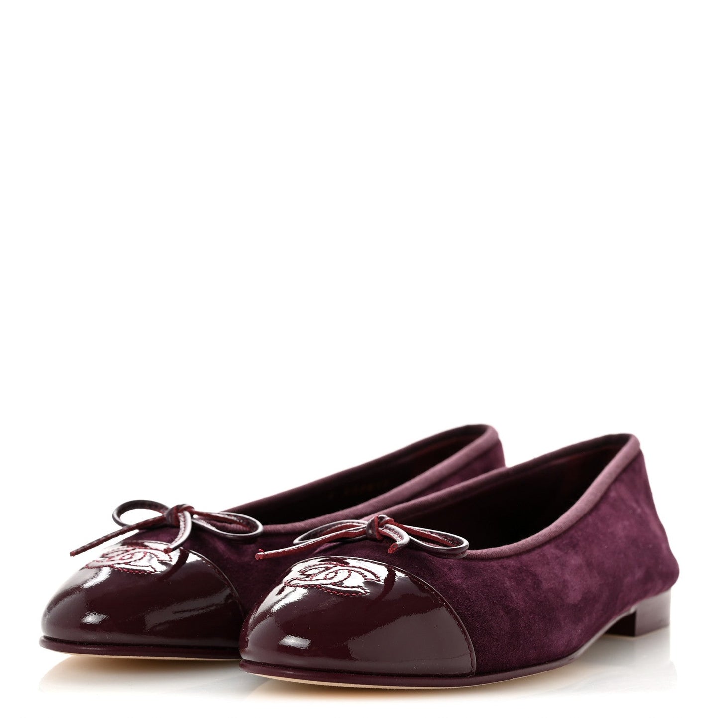 Suede Patent Calfskin Cap Toe CC Ballerina Flats 38.5 Burgundy