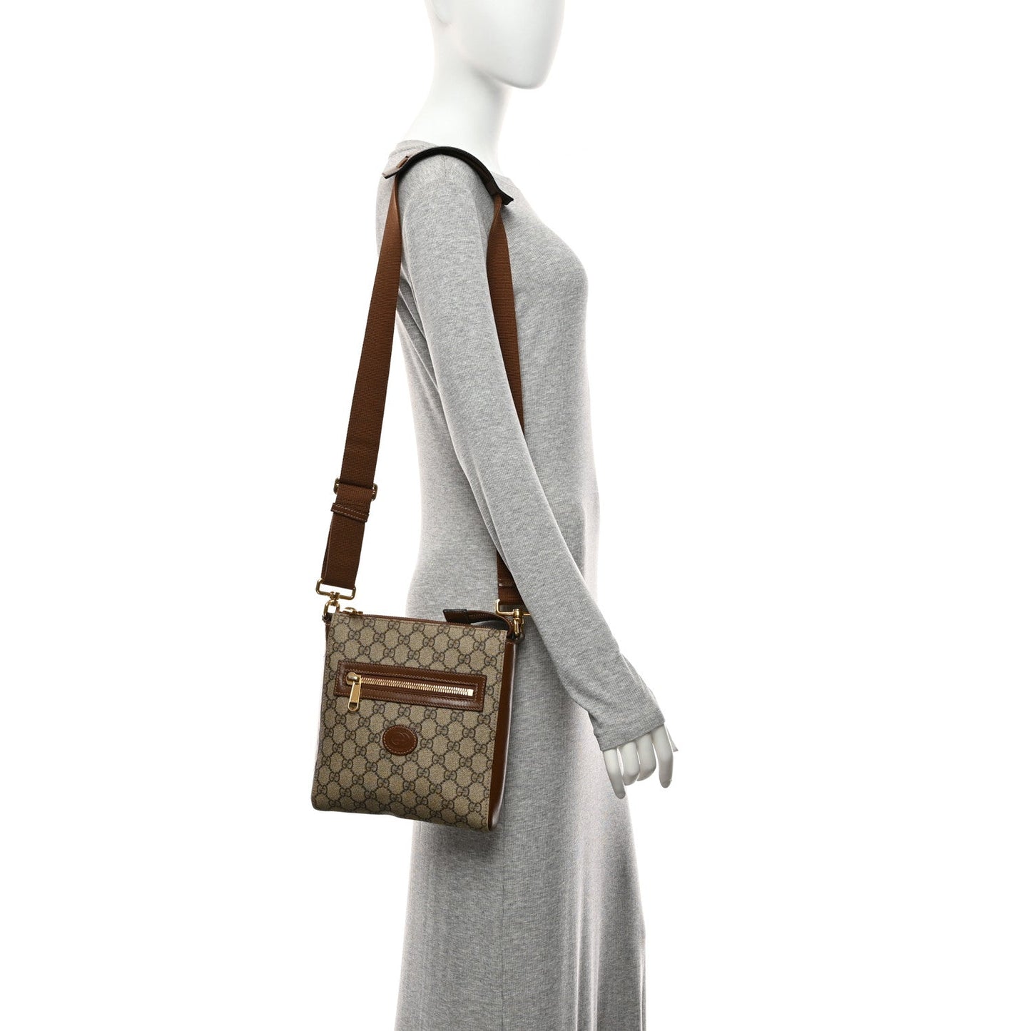 GG Supreme Monogram Azalea Calfskin Retro Interlocking G Flat Messenger Bag Beige Ebony Brown Sugar