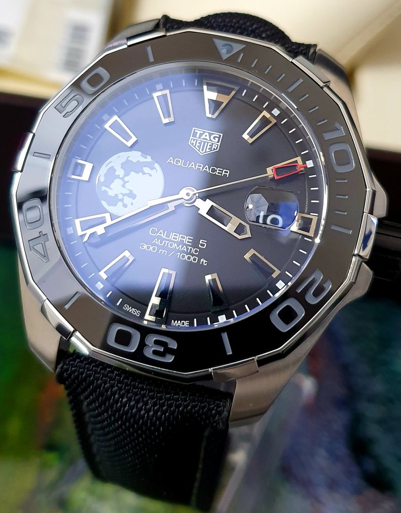 Tag Heuer Aquaracer Calibre 5 Moon Black Dial Black Nylon Strap Watch for Men - WAY201J.FC6370
