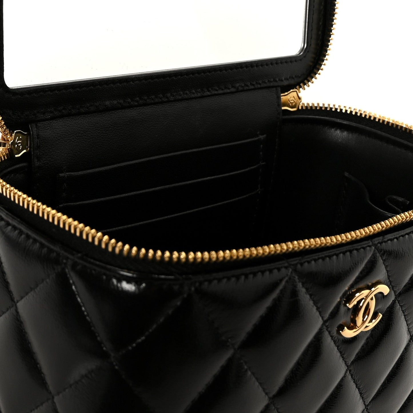 Shiny Lambskin Quilted Small Plexiglass Top Handle Vanity Case With Chain Black Tortoise