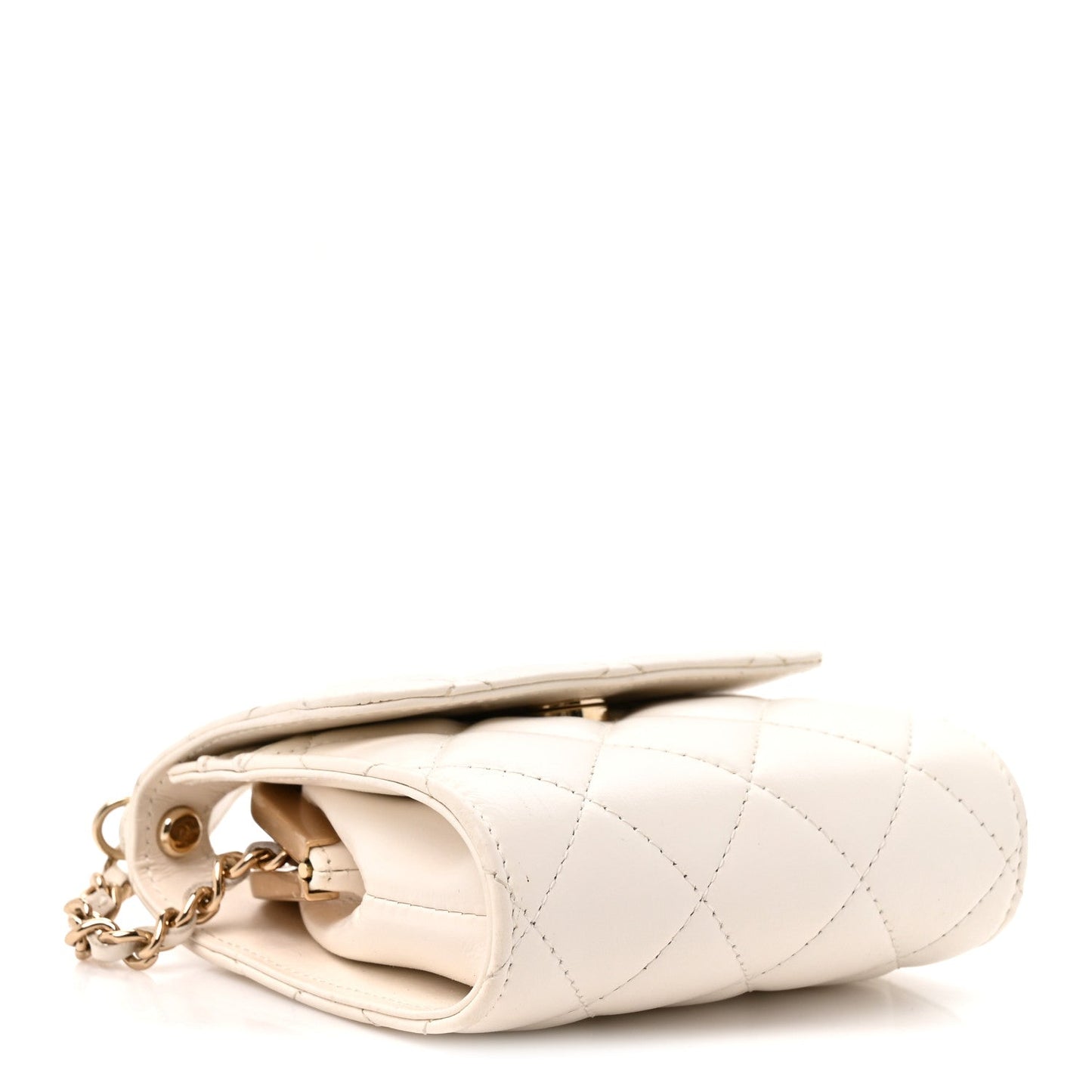Lambskin Quilted Kiss Lock Top Handle Flap Clutch With Chain White