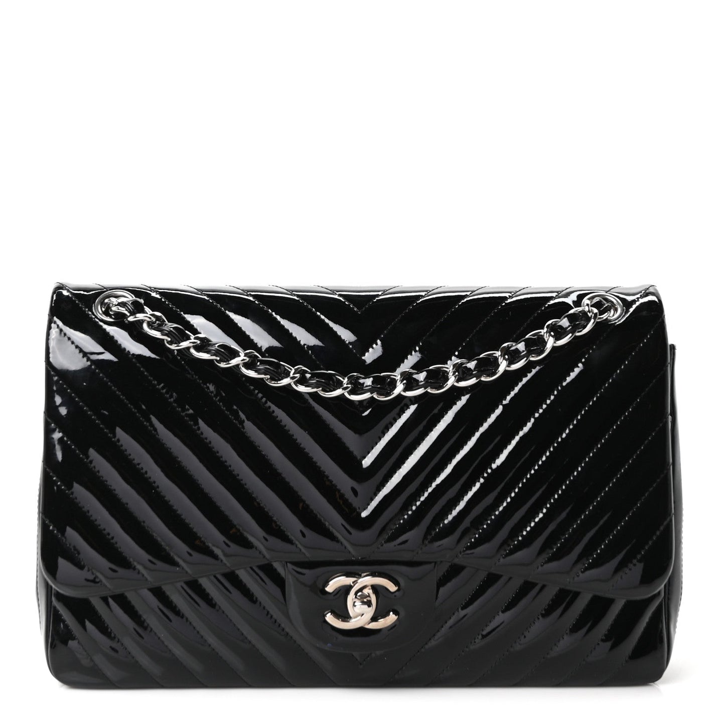 Patent Chevron Quilted Jumbo Double Flap Black