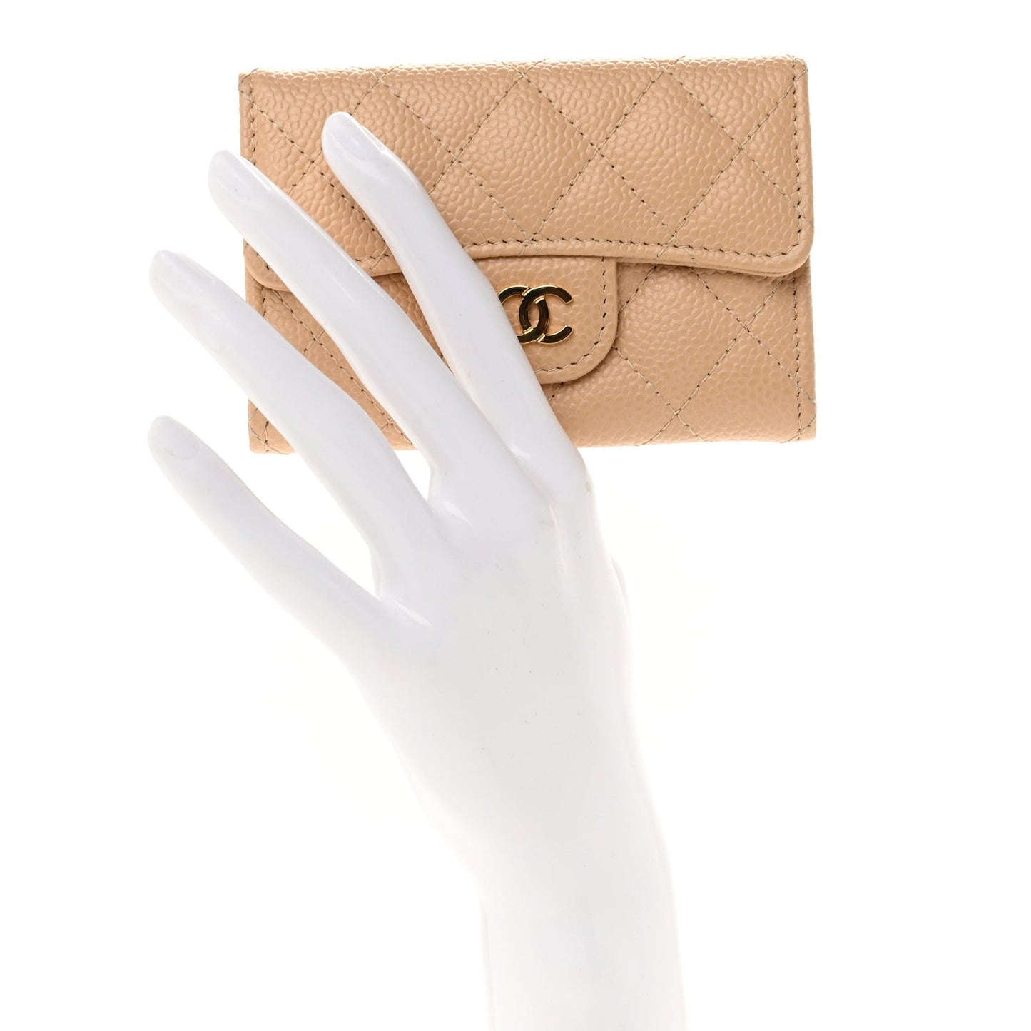 Caviar Quilted Flap Card Holder Wallet Beige