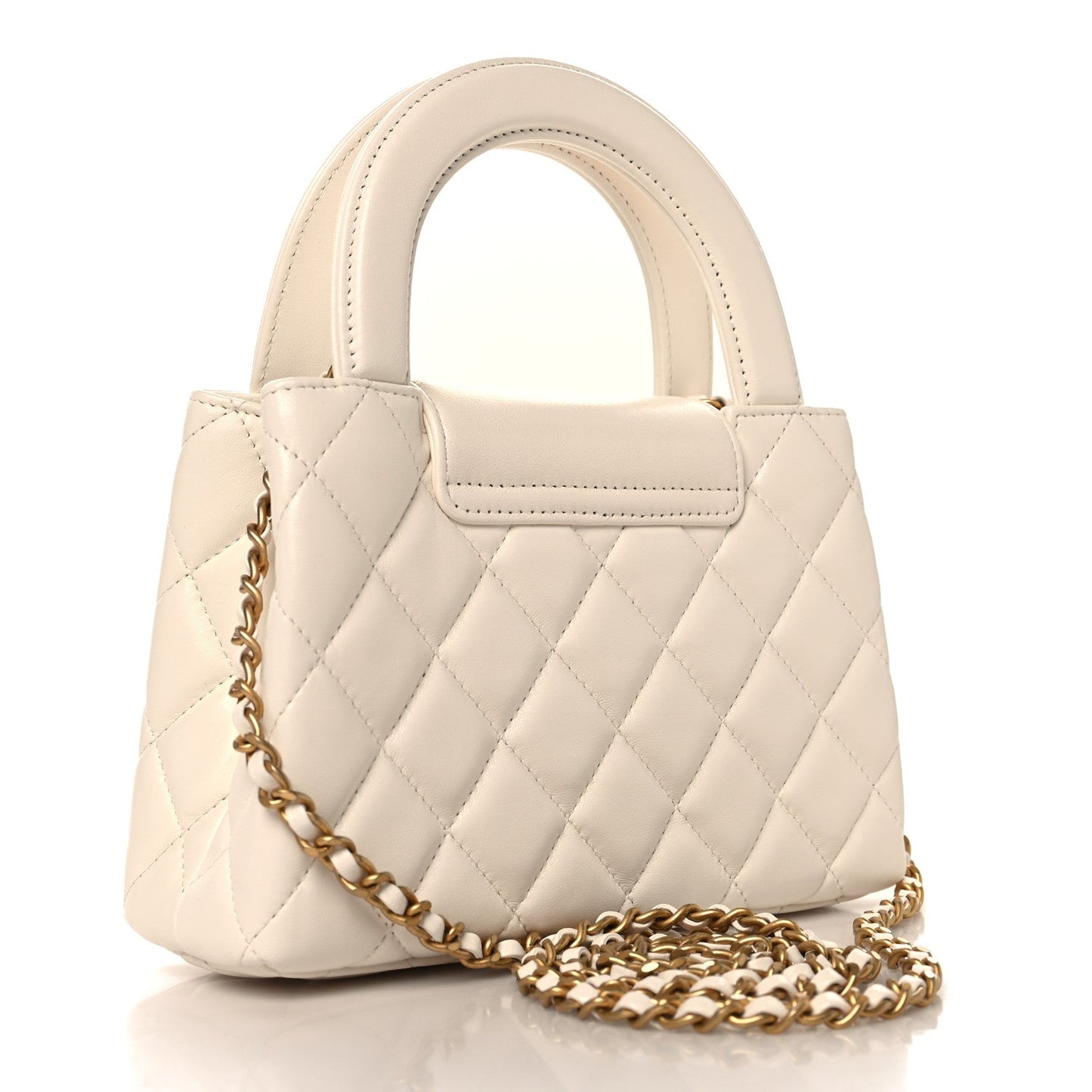 Shiny Aged Calfskin Quilted Nano Kelly Shopper White