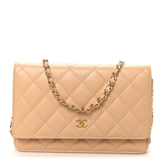 Caviar Quilted Wallet on Chain WOC Beige