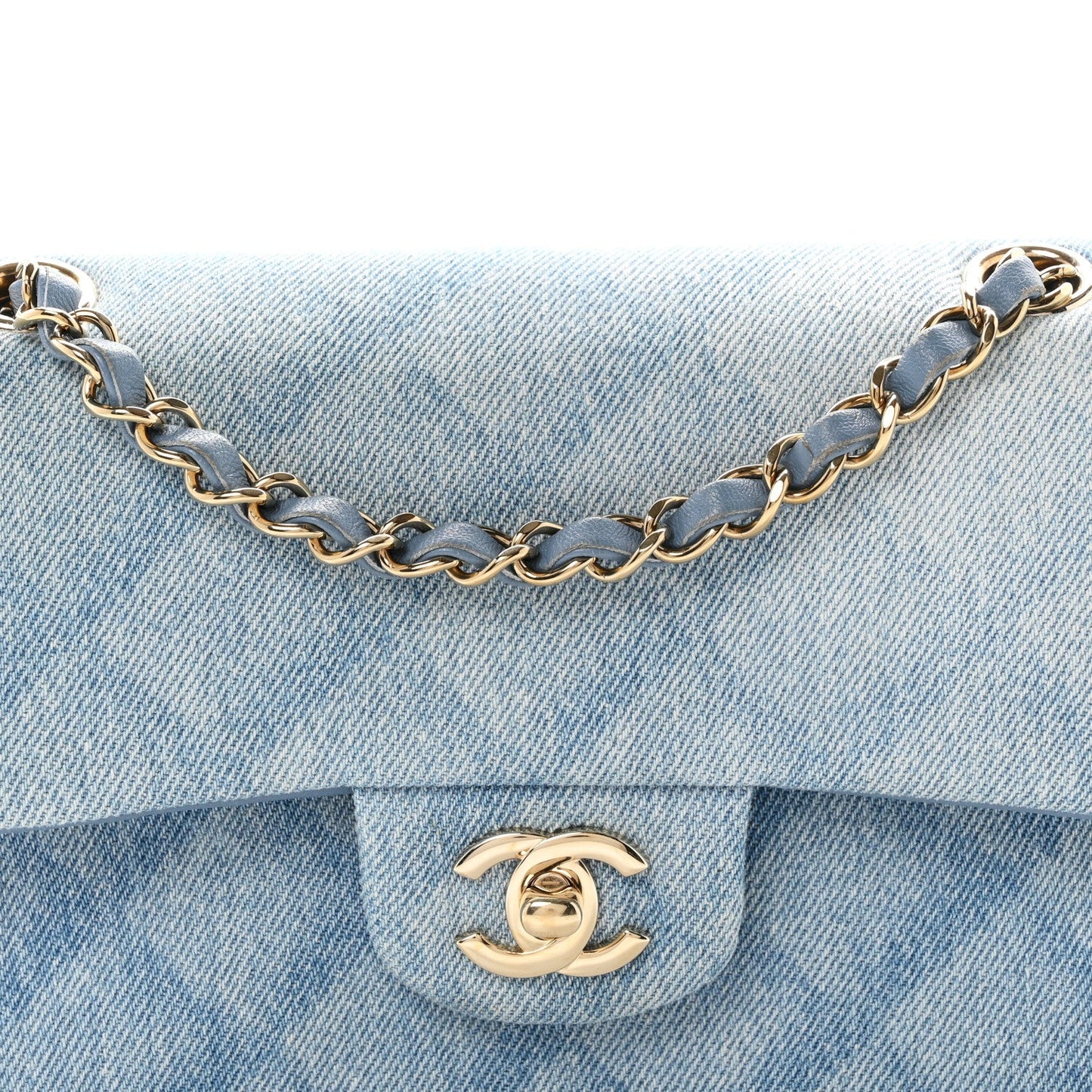 Printed Denim Quilted Small Double Flap Light Blue