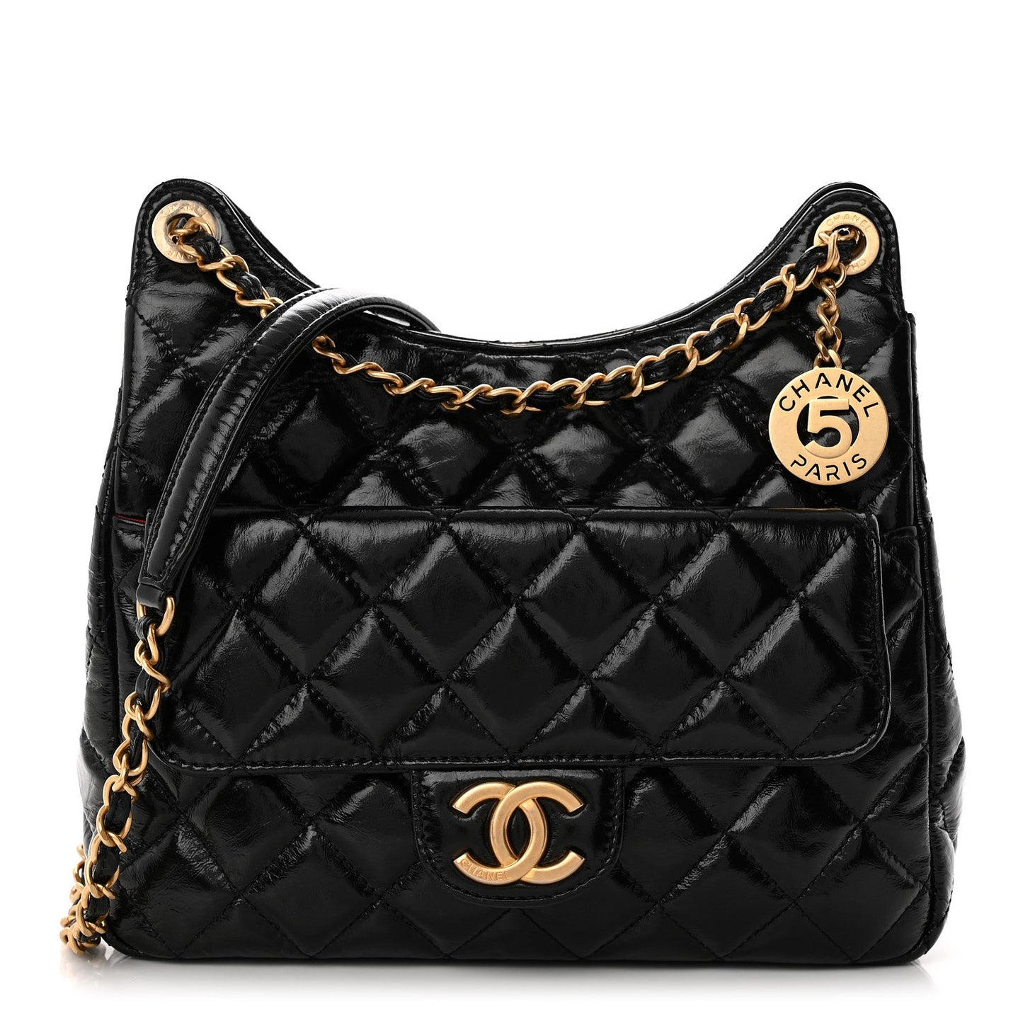 Shiny Crumpled Calfskin Quilted Wavy CC Hobo Black