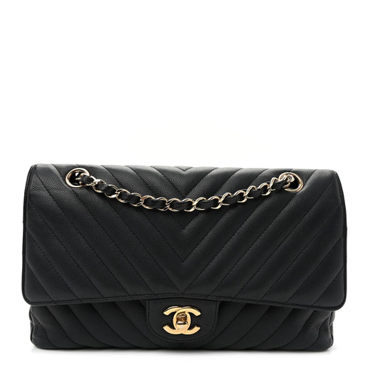 Matte Caviar Chevron Quilted Medium Double Flap Black