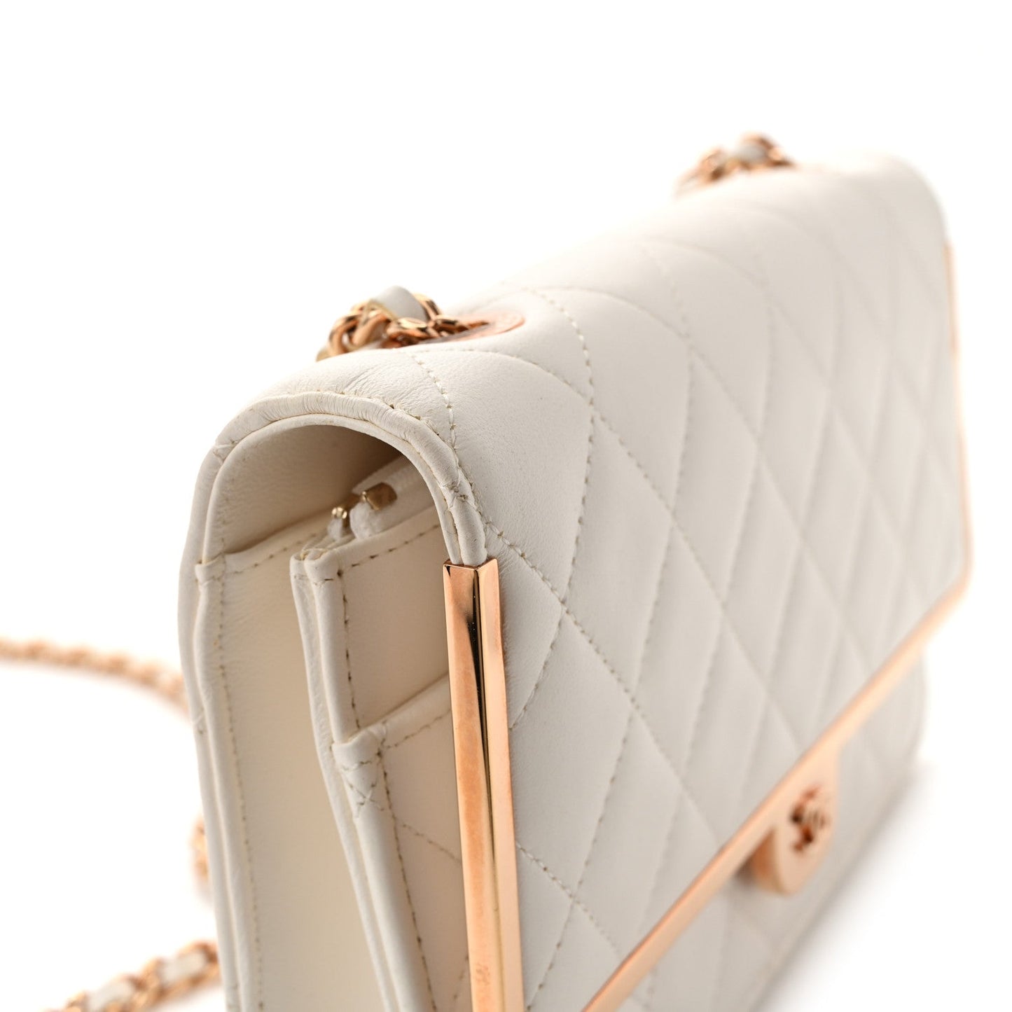 Lambskin Quilted Frame Wallet On Chain WOC White