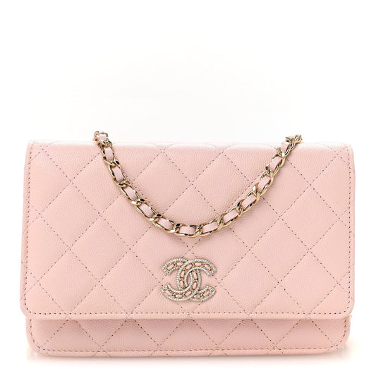 Caviar Quilted Crystal CC Wallet On Chain WOC Light Pink