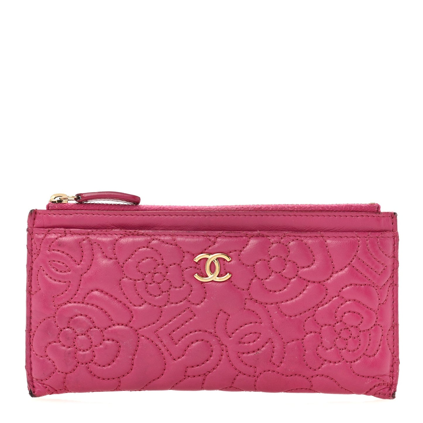 Lambskin Camellia Embossed Classic Zip Pouch Pink