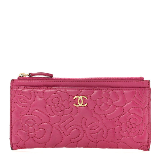 Lambskin Camellia Embossed Classic Zip Pouch Pink