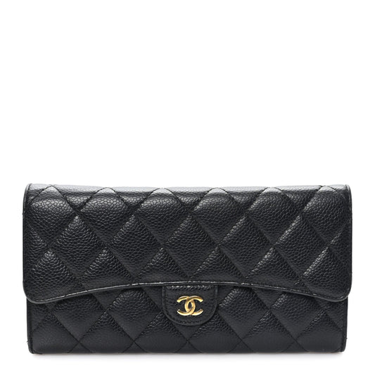 Caviar Quilted Large Gusset Flap Wallet Black