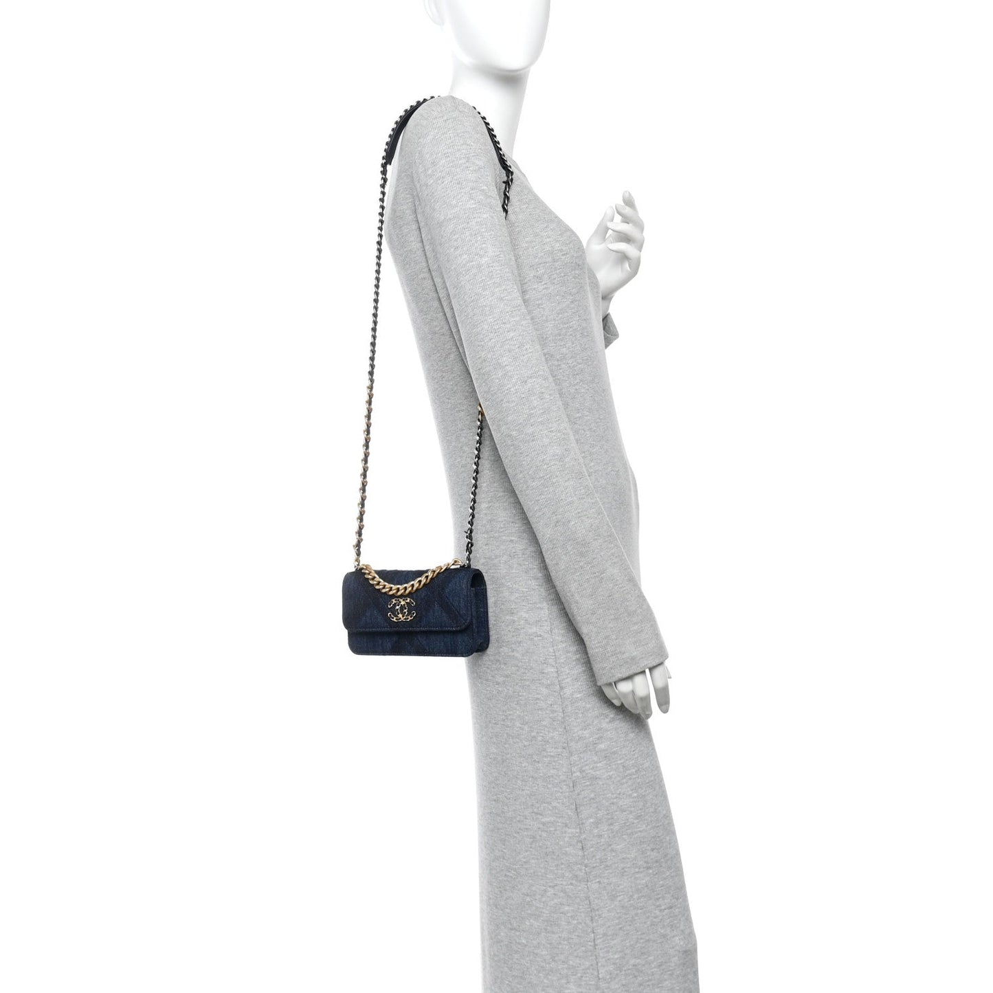 Denim Quilted Chanel 19 Flap Phone Holder With Chain Blue