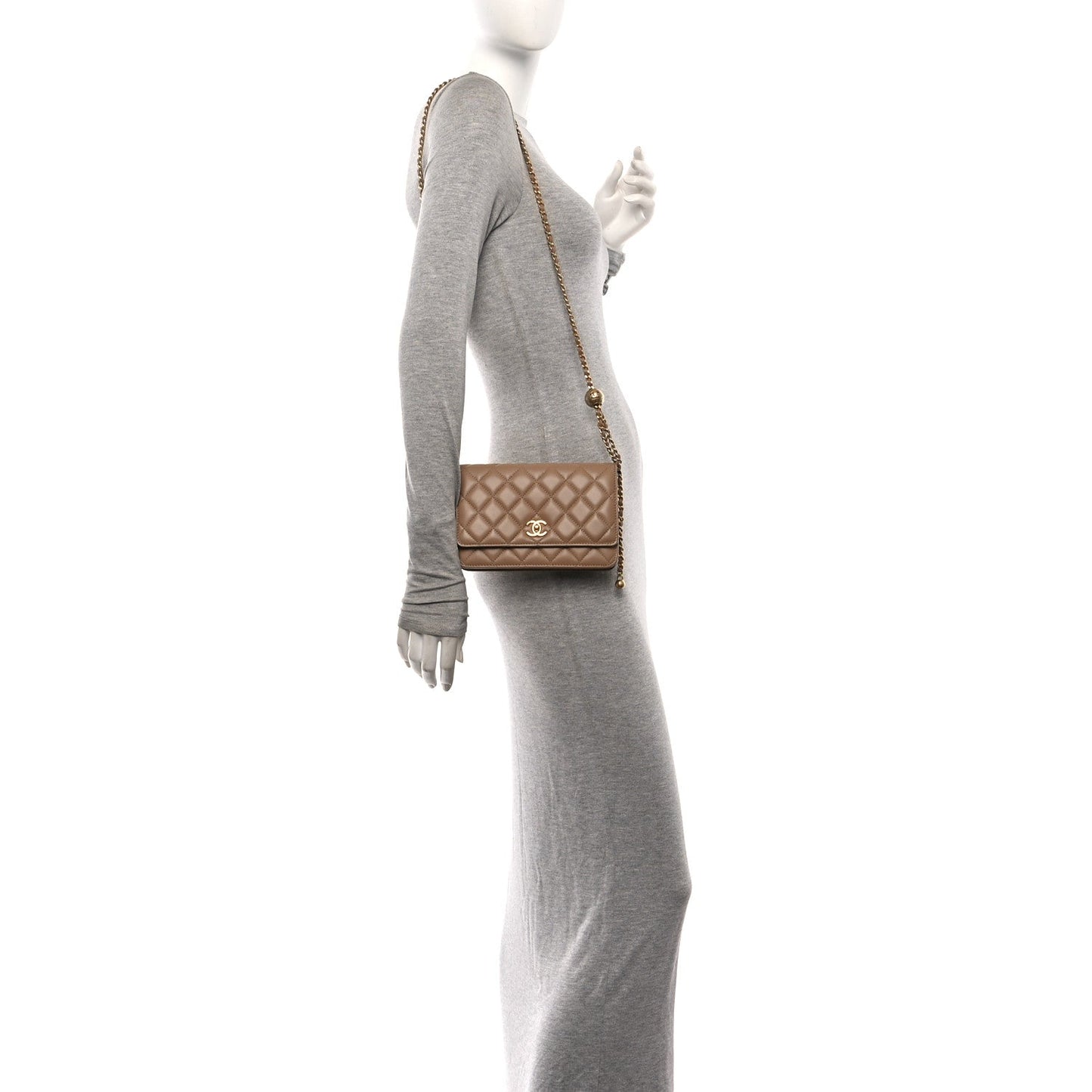 Lambskin Quilted CC Pearl Crush Wallet on Chain WOC Beige